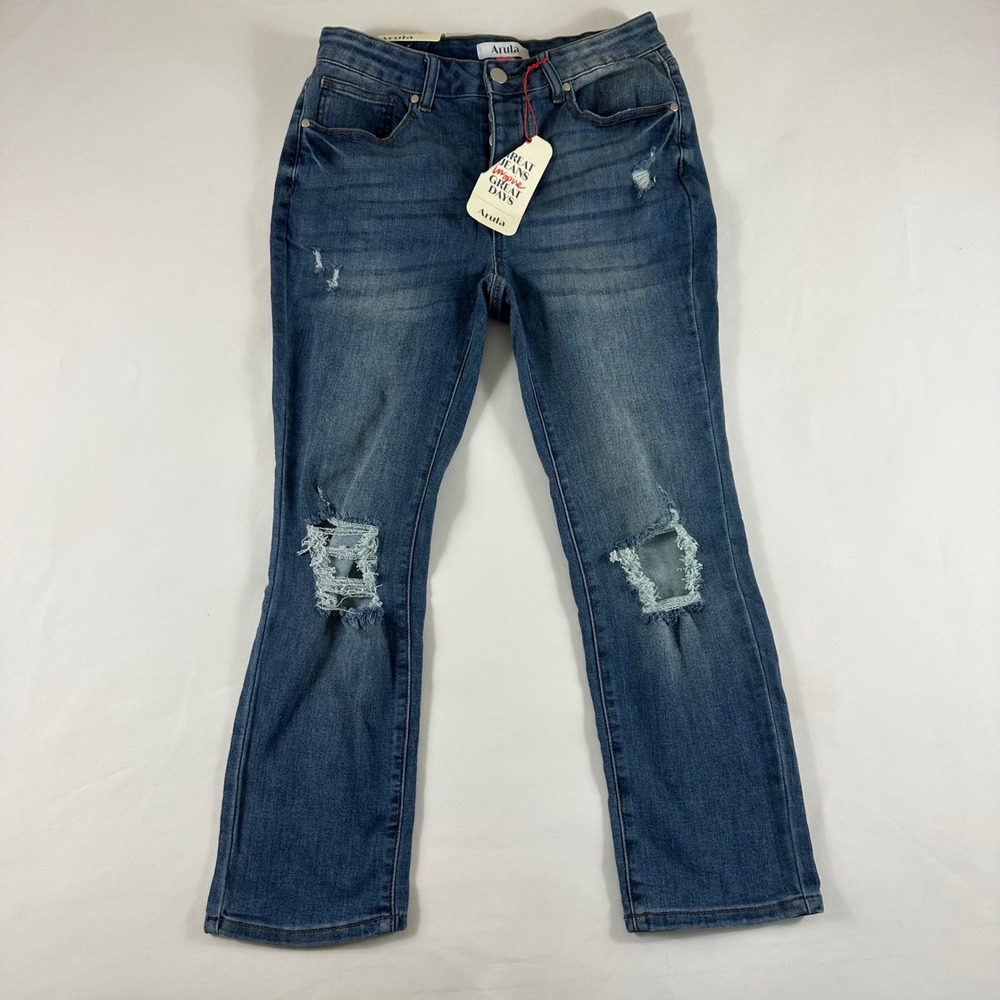 NWT Arula High Rise Crop Distressed Jeans Size 10 Medium Wash Blue Denim